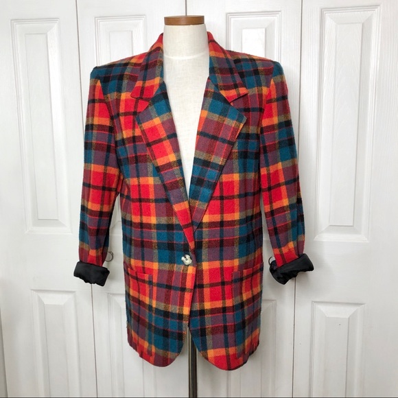 Vintage Jackets & Blazers - Vintage wool red plaid one-button blazer